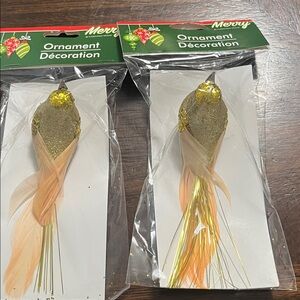 Set of 2 VINTAGE BIRD CLIP ON CHRISTMAS ORNAMENTS GOLD GLITTERY